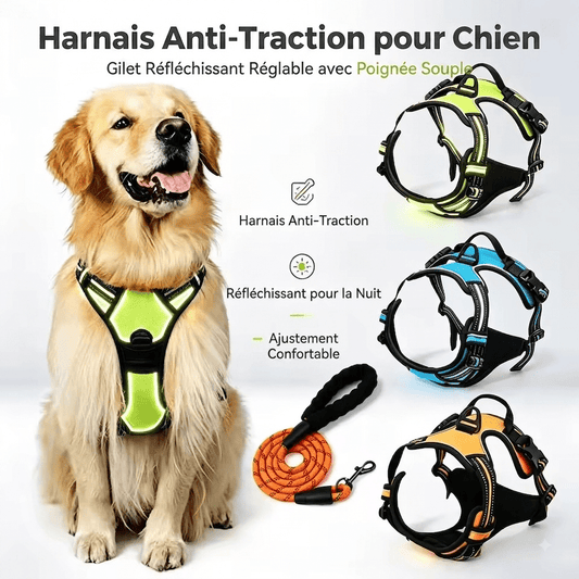 Harnais pour chien anti-traction avec clip frontal et bande réfléchissante, - TraKoo