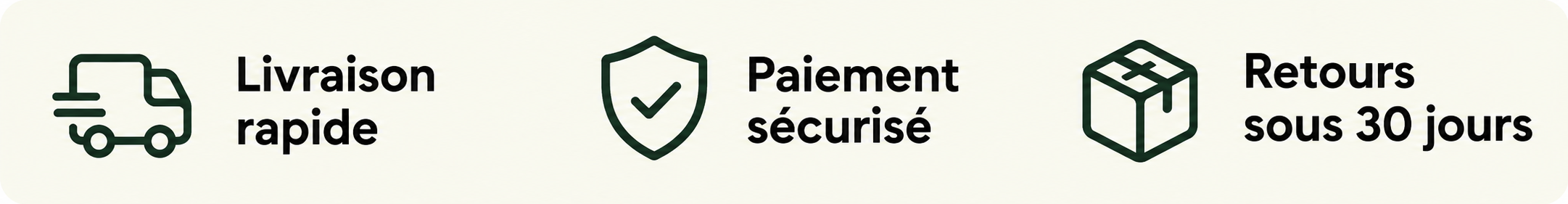 Livraison rapide, paiement sécurisé et retours sous 30 jours